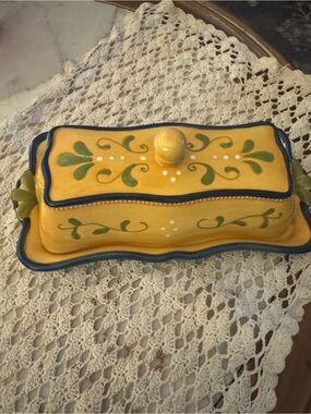 Source Unknown Yellow Ceramic Butter Dish with Green and Blue Accents